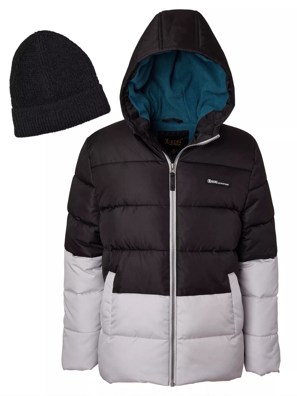 Xtreme Outdoors Two-Tone Hooded Puffer Jacket with Beanie - Black & Light Gray